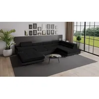 Goldstoff Wohnlandschaft RELAX U Ecksofa mit Schlaffunktion, Kunstleder & Samt, 345 × 205 cm, zwei Bettkästen, verstellbare Kopfstützen schwarz