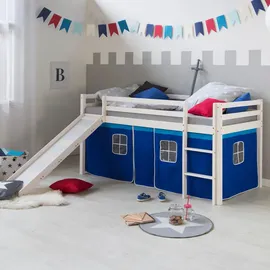Homestyle4u Hochbett 90x200 mit Vorhang Lattenrost und Rutsche in Weiß Blau, Holz Kiefer Turm Tunnel Rutsc