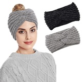 Fashband Strick-Stirnband für Winter, dicke Chenille-Ohrenwärmer, elastisch, gedreht, gehäkelt, Kopfwickel für Damen und Mädchen, Grau (2 Stück)