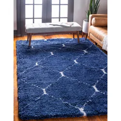 Hochflor-Teppich "Temara Shag Lagerräumung", blau (marineblau, elfenbeinfarben), B:152cm H:51mm L:244cm, Polypropylen (PP), MYFLAIR MÖBEL & ACCESSOIRES, Teppiche, gewebt, Rauten Design, weich & kuschelig