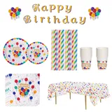 Partygeschirr-Set, Geburtstagsparty-Zubehör, PYGHAP farbige Luftballons, Pappteller-Set – Teller, Becher, Servietten, Strohhalme, Tischdecken, Partygeschirr für Babypartys, Hochzeit, Geburtstag, 20