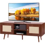 Vevor Rattan-TV-Ständer, Fernsehschrank Boho-TV-Schrank für 140 cm Fernseher, Retro-TV-Ständer, Rattan-TV-Konsole mit verstellbaren Regalen & 2 Türen, für Wohnzimmer, Medienraum, Walnuss