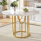 MODFU Esstisch ,Küchentisch , Runder Tisch für 4-6 Personen, Marmortisch geeignet für Esszimmer und Wohnzimmer, goldene Beine,Weiß - Gold