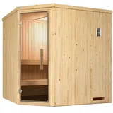 Weka Elementsauna Varberg 2 mit Eckeinstieg-Ganzglastür 5,4 kW Kompaktofen mit integr. Steuerung inkl. gratis Sauna-Set im Wert von 240,40 € (10-teilig)