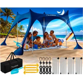 eloneo Strandzelt, Sonnensegel Strand 300x300x200 cm, LSF 50+, Sonnenschutz für Strand mit Sandschaufel, Heringen und 4 Stabilitätsstangen, 8 Personen, Navy