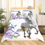 richhome Weißes Pferd Bettwäsche-Set Twin Size, Lila Blumen Blumen Bettbezug Set für Kinder Jugendliche Erwachsene, Aquarell Tier Pflanzen Thema Weiche Trösterbezug Set 2 Stück Zimmer Dekor Bettbezug