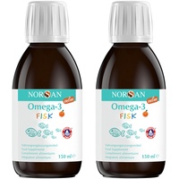 NORSAN Omega 3 FISK Fischöl hochdosiert 2er Pack (2x 150 ml) / Omega 3 für Kinder 1.120mg pro Portion/Omega 3 Öl mit EPA & DHA/Tagesdosis 1 TL Omega 3 Premium Öl/Easy Fish Oil für Kinder
