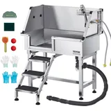 Vevor Hundewaschstation aus Edelstahl, 870x488x1025 mm Tierpflegewanne mit Ablagetreppe, Wasserhahn, Duschkopf & Seifenhalter, Hundebadewanne, für mittelgroße & kleine Haustiere (linke Tür)
