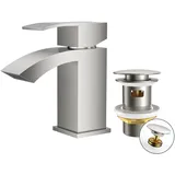 FORIOUS Wasserhahn Bad mit Ablaufgarnitur, Wasserfall Waschtischarmatur mit Auslauf Höhe 60 mm, Mischbatterie Armatur Badezimmer, Gitterauslauf, Energiesparend & Wassersparend, Edelstahl