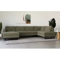 Wohnlandschaft PLACES OF STYLE "Pinto, 350 cm, U-Form, XXL, mit Ottomanen" Sofas Gr. B/H/T: 350cm x 85cm x 206cm, Feincord, Ottomane rechts, grün (khaki) Cord, Feincord, Luxus-Microfaser Leder und Chenille