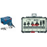 Bosch Professional Oberfräse GOF 1250 CE (Maulschlüssel 19 mm, L-BOXX 238) + 6tlg. Rand- und Kantenfräser Set (für Holz, Zubehör Oberfräsen mit 8 mm Schaft)