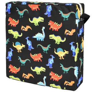 Colexy Sitzerhöhung Stuhl Kind, Polyester Sitzerhöhung Auto Kinder Sitzkissen Hochstuhl Abnehmbar, Rutschfest Sitzerhöhung Kinder Esstisch mit Riemen Schwammfüllung (Schwarzer Cartoon-dinosaurier)