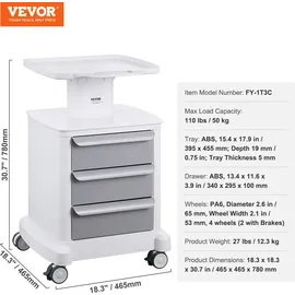 Vevor Laborwagen mit 4 Ebenen, Laborwagen mit 3 Schubladen und 1 oberen Ablage, mobiler medizinischer Wagen aus ABS-Material, Laborrollwagen mit 4 leisen Rädern für Labor, Klinik, Krankenhaus, Salon, weiß