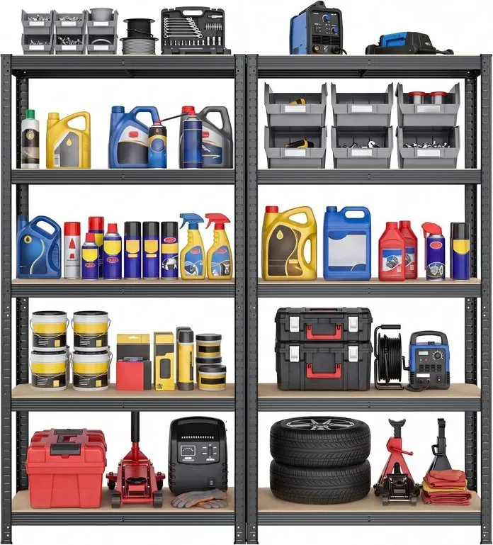 Ochama 5-stufige Regaleinheiten Set mit 2, robuste Stahlregaleinheit mit verstärkten Querstreben und verstellbaren Höhenstufen, 90x40x180cm großes Stauraumvolumen, ideal für Garage, Schuppen, Lagerhaus, Keller, Vorratskammer, Werkstatt, Schwarz