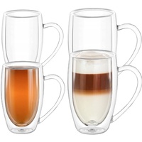 Wilmax | Doppelwandige Thermogläser | Latte Macchiato Gläser Set | Cappuccino Gläser mit Henkel | Kaffeegläser | Teegläser | Trinkgläser | Thermotasse | Set 2x 250 ml & 2x 400 ml