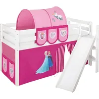 Hochbett JELLE in weiss mit schräger RUTSCHE, TURM und rosa FROZEN / Eiskönigin / Anna & Elsa Vorhang. Kinderbett & Spielbett von LILOKIDS - Weiß/Rosa