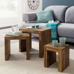 Kadima Design Satztisch Set: 3-teilig, Massivholz, platzsparend, handgefertigt, 45x50x30 cm, 37,5x37,5x28 cm, 30x25x25 cm. Braun
