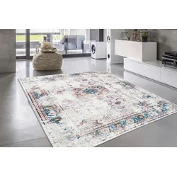 Teppich LEONIQUE "Rosio" Gr. 2, bunt (braun, multi), B:80cm H:6mm L:150cm, Kunstfaser, Teppiche, Vintage Design, Orient-Design, Flachgewebe, Teppich mit Bordüre