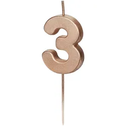 PartyDeco Geburtstagskerze Zahl 3 Zahlenkerze 4,5cm Kuchenkerzen Tortenkerzen Geburtstag Jubiläum Jahrestag Partydeko Geburtstag Tortendeko Rosegold