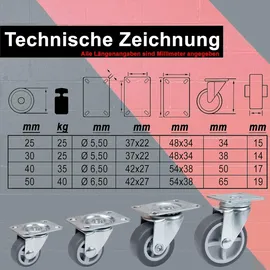 PRIOstahl Lenkrollen 4 Graue Rollen 40mm Möbelrollen