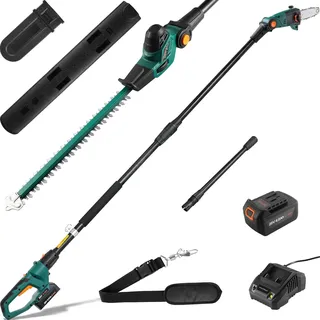 2-in-1 Akku Teleskop Heckenschere & Hochentaster, Akku Multigartengerät, mit 20V 4,0Ah Li-Ion Akku & Ladegerät, Verstellbarer Schnittwinkel, inkl. Schultergurt, Arbeitshöhe über 3m