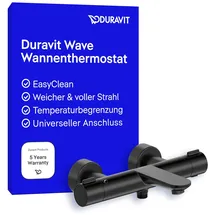 Duravit Wave Wannenarmatur Aufputz für 2 Verbraucher mit Umstellventil, Wannenthermostat mit Keramikmischsystem, Schwarz Matt