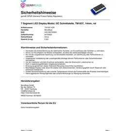 BerryBase 7 Segment LED Display Modul, I2C Schnittstelle, TM1637, 14mm, rot