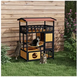 PawHut Katzenhaus Aus Holz Katzenhöhle Mit Plattformen, Hängebrück, Für Bis Zu 2 Katzen, Innen- Und Außenbereich, Gelb - Pawhut