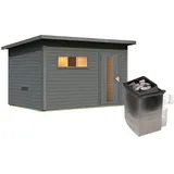 Karibu Gartensauna Saunahaus Hytti 6 terragrau Energiesparende Saunatür 9 kW Ofen integr. Steuerung - 50% Rabatt auf Dacheindeckung