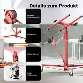 Wiltec XXL Plattenheber bis max. 68 kg Höhe 140-350 cm max. Breite 2,90 m Trockenbau Montagehilfe 1-Mann-Bedienung 3 Räder mit Feststellbremse Rot