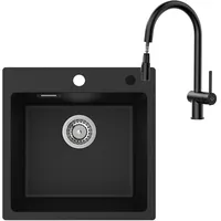 Granit Küchenspüle 45x45 cm Schwarz mit Wasserhahn Set, Kleine Spüle mit ausziehbarer Armatur, 360° Drehung, Doppelstrahl Funktion