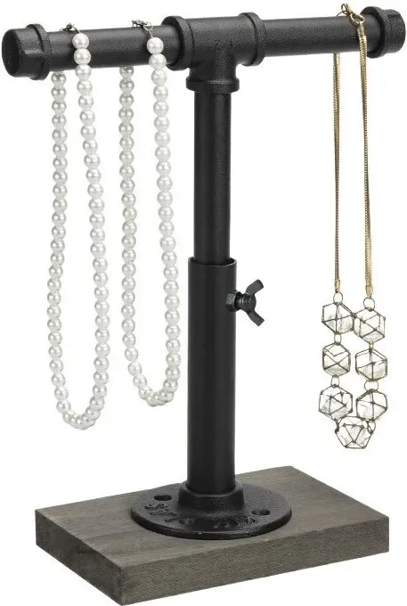 MyGift Höhenverstellbarer Industrierohr-Organizer-Ständer - Rustikaler T-Bar für Schmuck, Kopfhörer, Medaillen, Küchenutensilien & Display, Graue Holz-Basis (Schwarz/Grau, Landhausstil)