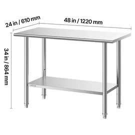 Vevor Edelstahltisch Gastro 1220 x 610 x 864 mm, Verstellbarer Edelstahltisch Küchentisch, Arbeitstisch Gewerblich mit Grundboden für Restaurant Schwerlast Obere Ablage (245 kg) Untere Ablage (204 kg)