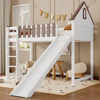 Sweiko Hochbett, Mit Dach und Fenster, Mit dreistufiger gerader Leiter, Jugendbett, Kinderbett mit Rutsche, Kiefer+MDF, Weiß+Walnuss, 90x200cm - Weiß/Braun