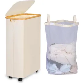 luxuskollektion Wäschekorb Wäschesammler Innentasche Deckel 75L mit Rädern Beige