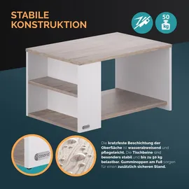 CASARIA Casaria® Couchtisch Holz Weiß Eiche mit Stauraum 2 Fächer 90x60x50cm Kratzfest 50kg Belastbar Ablage Beistelltisch Sofa Couch