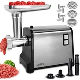 Multifunktionaler elektrischer Fleischwolf mit Wurstfüller, professioneller Fleischwolf mit 3 Lochscheiben, Wurstfüllaufsatz, Edelstahl, Silber