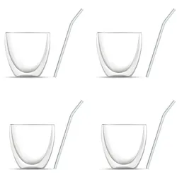 BEM 8-er Gläser Set: 4 x Thermogläser Doppelwandige Kaffeegläser Teegläser, für heiße und kalte Getränke (je 240 ml) und 4 x Glasstrohhalme