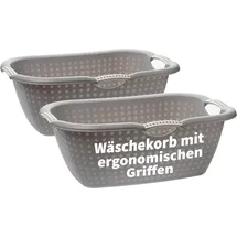 2friends Wäschekorb 2er Set, 28 Liter - Wäschewanne Groß mit ergonomischen Griffen, Robuster Wäschekorb Plastik, für Innen- und Außenbereich, 60 x 40 x 22 cm, Grau, Made in EU
