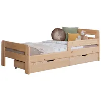 TICAA Einzelbett Kinderbett Jugendbett, Bennet mit Schubkasten Rausfallschutz & Lattenrost für Schlafzimmer, Kinderzimmer Kiefer Massivholz Bettgestell 90 x 200 cm