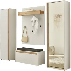 Garderoben-Set INOSIGN "GIRON/ CiTY, Garderobe in Wotan Eiche, moderner Garderobenschrank", weiß, Holzwerkstoff, Kastenmöbel-Sets, enthält Garderobenschränke, Paneel & Schuhbank +Sitzkissen
