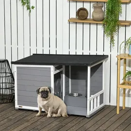 PawHut Hundehütte mit 2 Schüsseln, - Schwarz/Grau/Weiß
