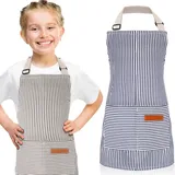 Jiuguva Kinderschürze, verstellbare Kochschürze, Baumwolle, Kleinkind, gestreift, Kochschürzen mit 2 Taschen, für Kinder zum Backen (blau, braun), 2 Stück