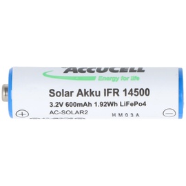 AccuCell 3,2 Volt Solar Akku Lithium IFR 14500 AA 600mAh LiFePo4 Akku mit Kopf ungeschützt 14,2 x 50,6mm