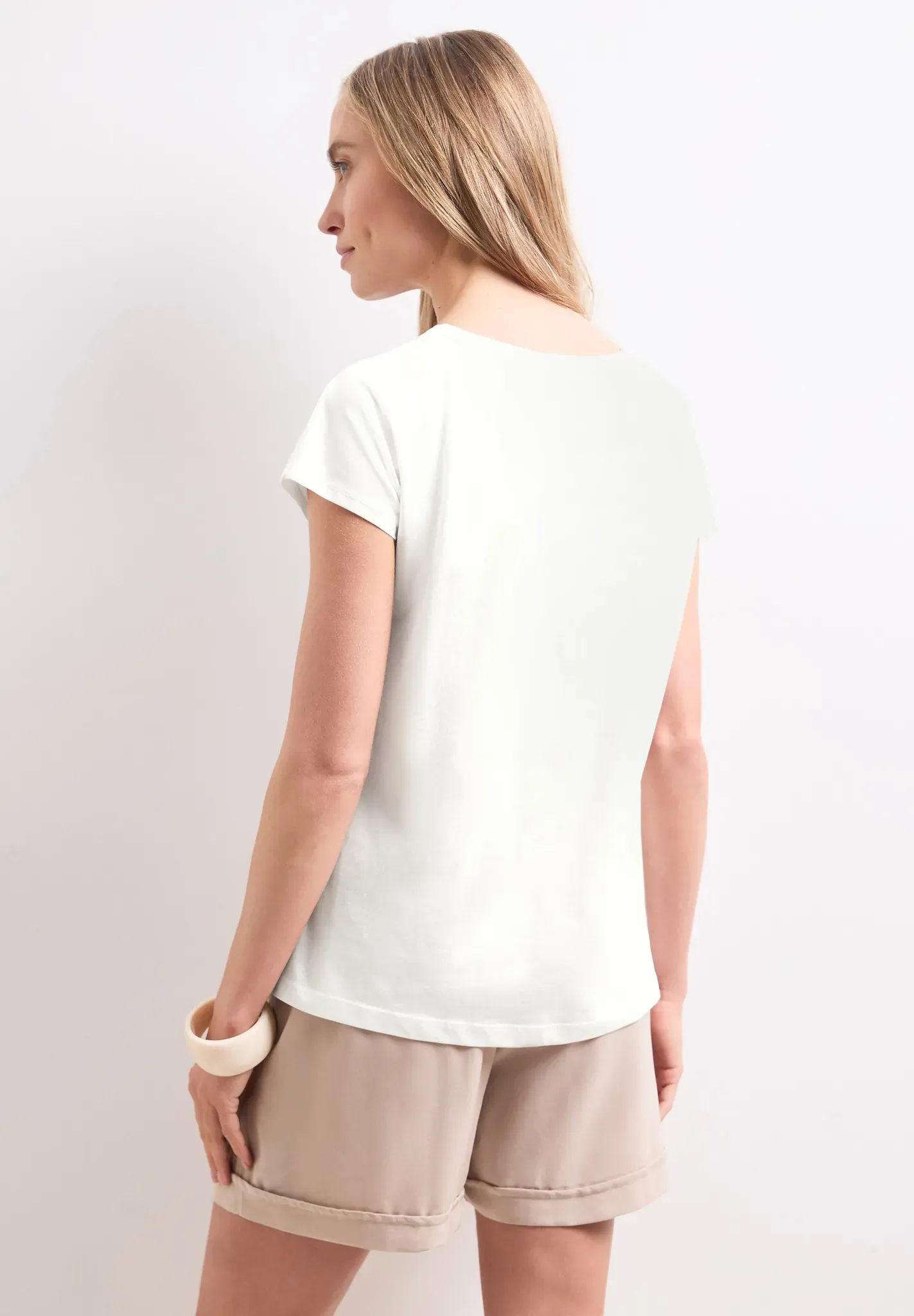 Shirttop STREET ONE, Damen, Gr. 44, sanftes weiß, Jersey, Obermaterial: 100% Baumwolle, bedruckt, normal hüftbedeckend, Rundhals, abgesteppte Kante, Tops Shirttop, Sommertop mit Wording