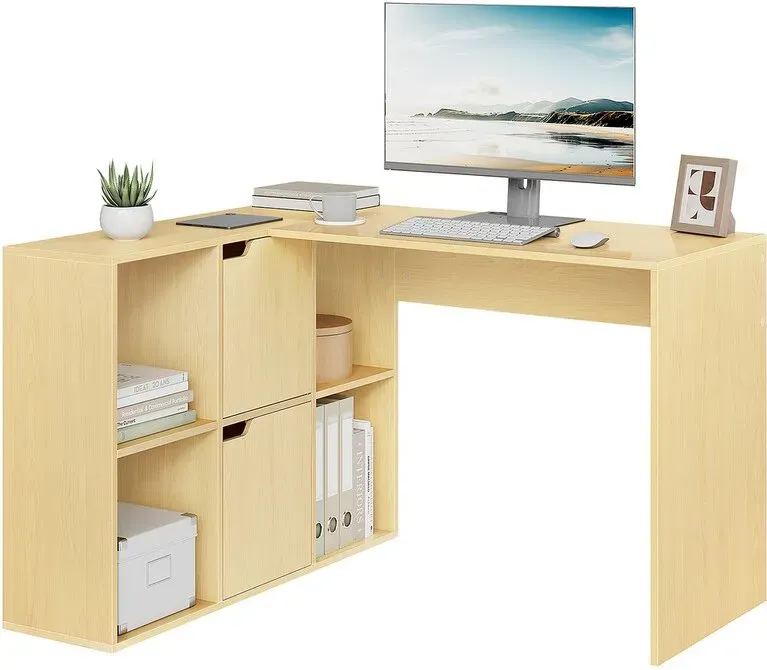 eSituro Büroschreibtisch, L-förmiger Schreibtisch, 120x100x75 cm, Arbeitstisch mit 6 Fächern, PC Computertisch für Büro Schlafzimmer, Eiche Hell