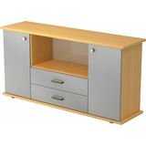 bümö Sideboard Buche/Silber mit Flügeltüren & Regal  - Büromöbel Sideboard mit Schubladen Holz 166cm breit, 45cm schmal, Büro Schrank für Flur oder