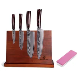 Damastmesser Zeuß Set 4 (Chefmesser XL + Santokumesser XL + Santokumesser L + Obstmesser S) + Magnetischer Messerblock aus Akazienholz