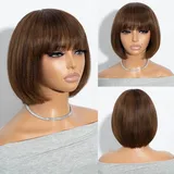 Joedir Kurze Echthaar-Perücke mit Pony Bob-Perücken für schwarze Frauen 20 CM Gerade Bob-Perücke Echthaar Braun Kleberlose Perücken für Frauen