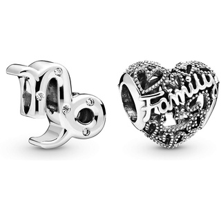 Pandora Charm Sternzeichen Steinbock 798423C01 & Family Herz Charm Sterling-Silber 8,6 x 10,8 x 11,5 mm (T/H/B)